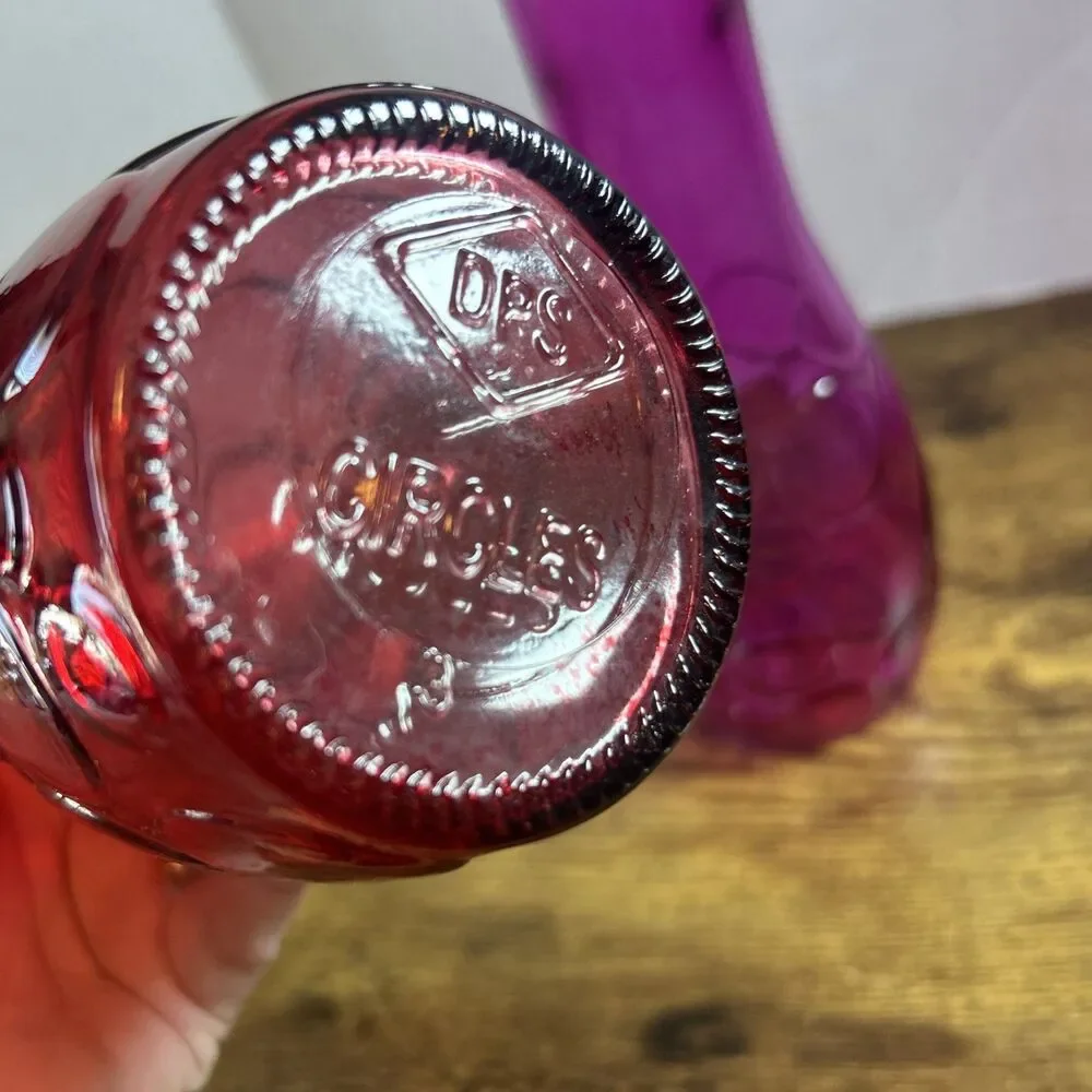 Vintage DPS Circles Vases Red Pink Dots Pair Set 8.5in Retro Mid Century Glass